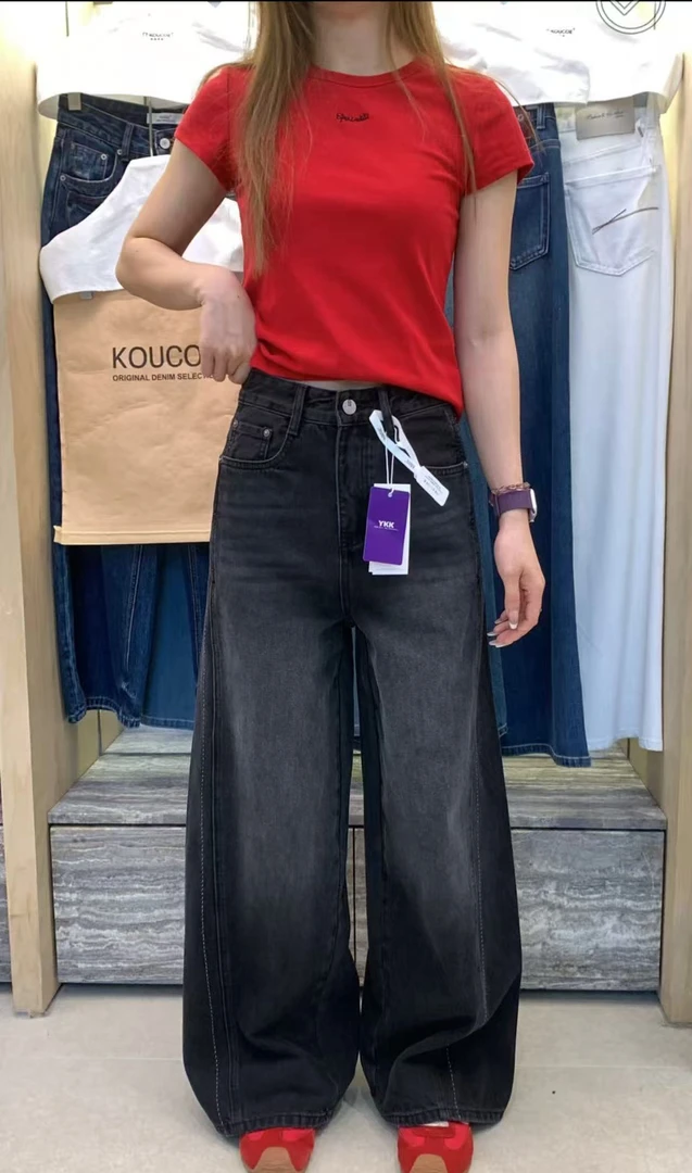 88790#秋冬新款 黑灰 韩版高腰直筒阔腿裤 休闲牛仔裤女