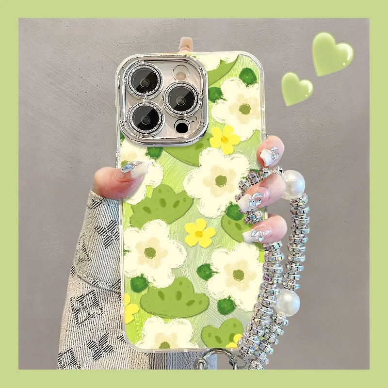 满屏绿花适用苹果15华为vivo/oppo小米iPhone16精孔羽纱纹手机壳