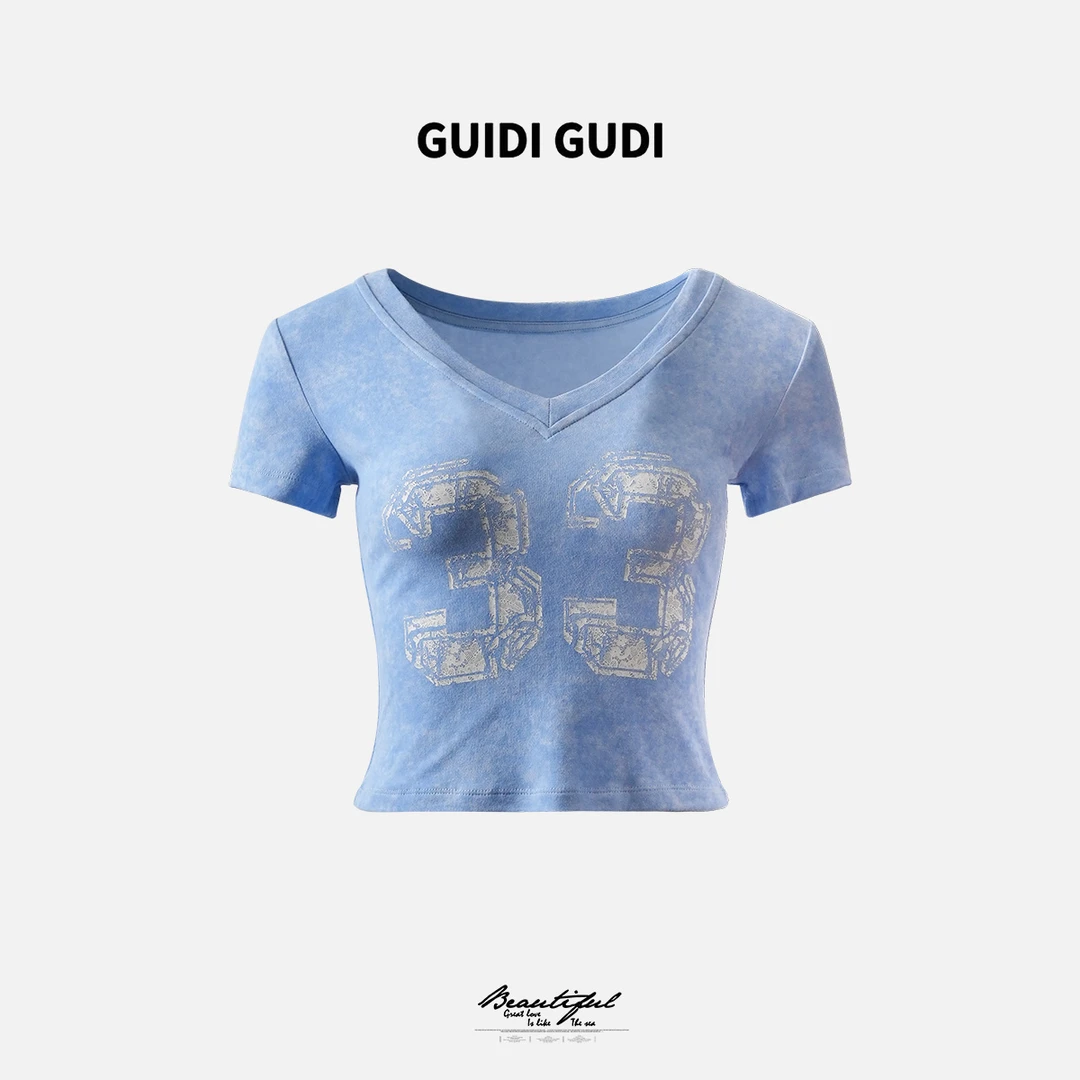 GUIDI GUDI【33酷街区】黄加蓝数字字母时尚短袖T恤 T9520345H