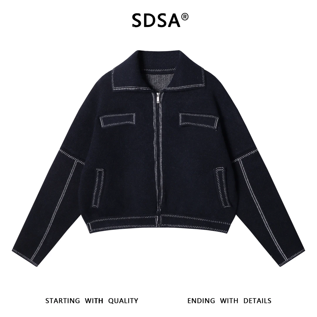 SDSA男士秋冬新款痞帅男装翻领针织开衫短款拉链毛衣高级感百搭
