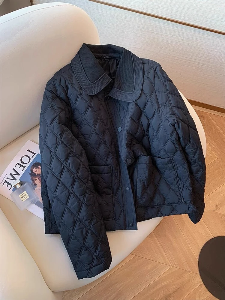 高级感小香风翻领黑色棉服女秋冬设计感轻薄菱形格夹棉短款外套