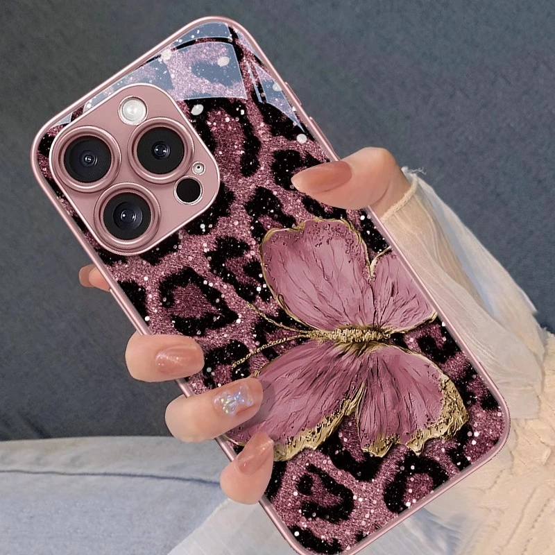 豹纹金箔蝴蝶适用苹果16promax手机壳时尚iphone15promax保护壳