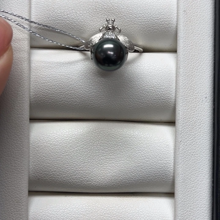 银S925镶嵌海水珍珠戒圈大溪地9-10mm102号