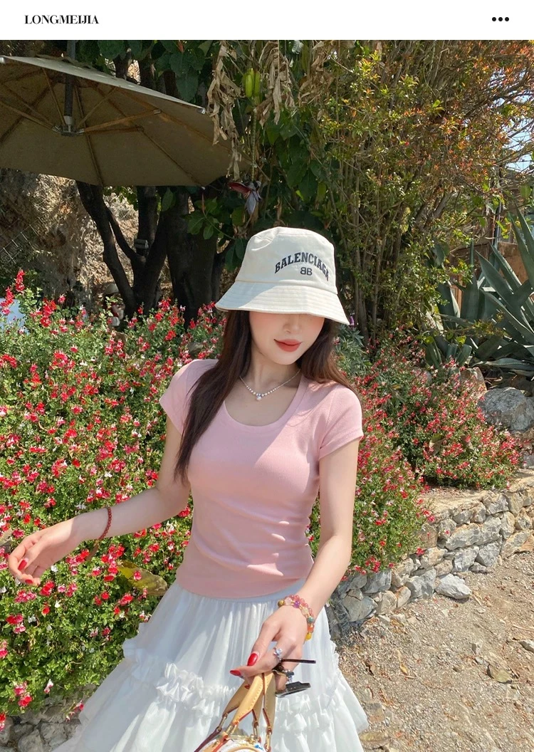 韩系纯欲辣妹U领打底白色T恤女短款简约风基础款修身显瘦短袖上衣