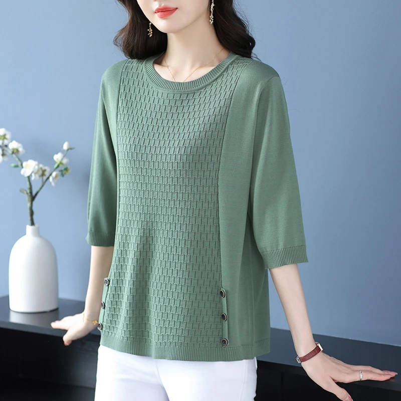 中袖t恤女七分袖上衣中年妈妈春装2025年新款高端春夏针织打底衫