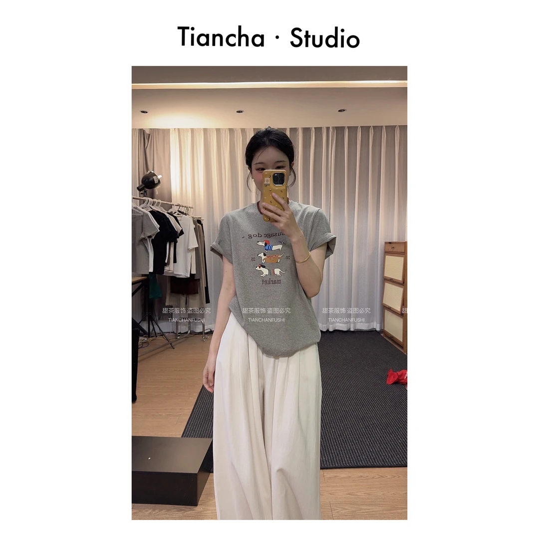 sweet c【腊肠小狗】M231#春夏新款韩版风正肩短袖T恤女款时尚百搭