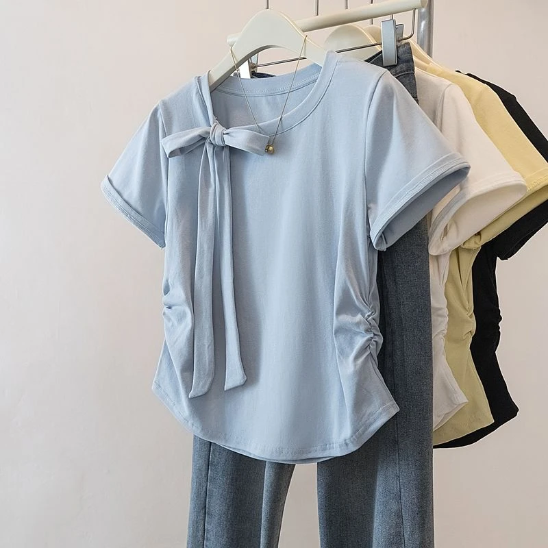 2025蝴蝶结短袖系带夏季T恤大码收腰显瘦设计时尚气质新款上衣女