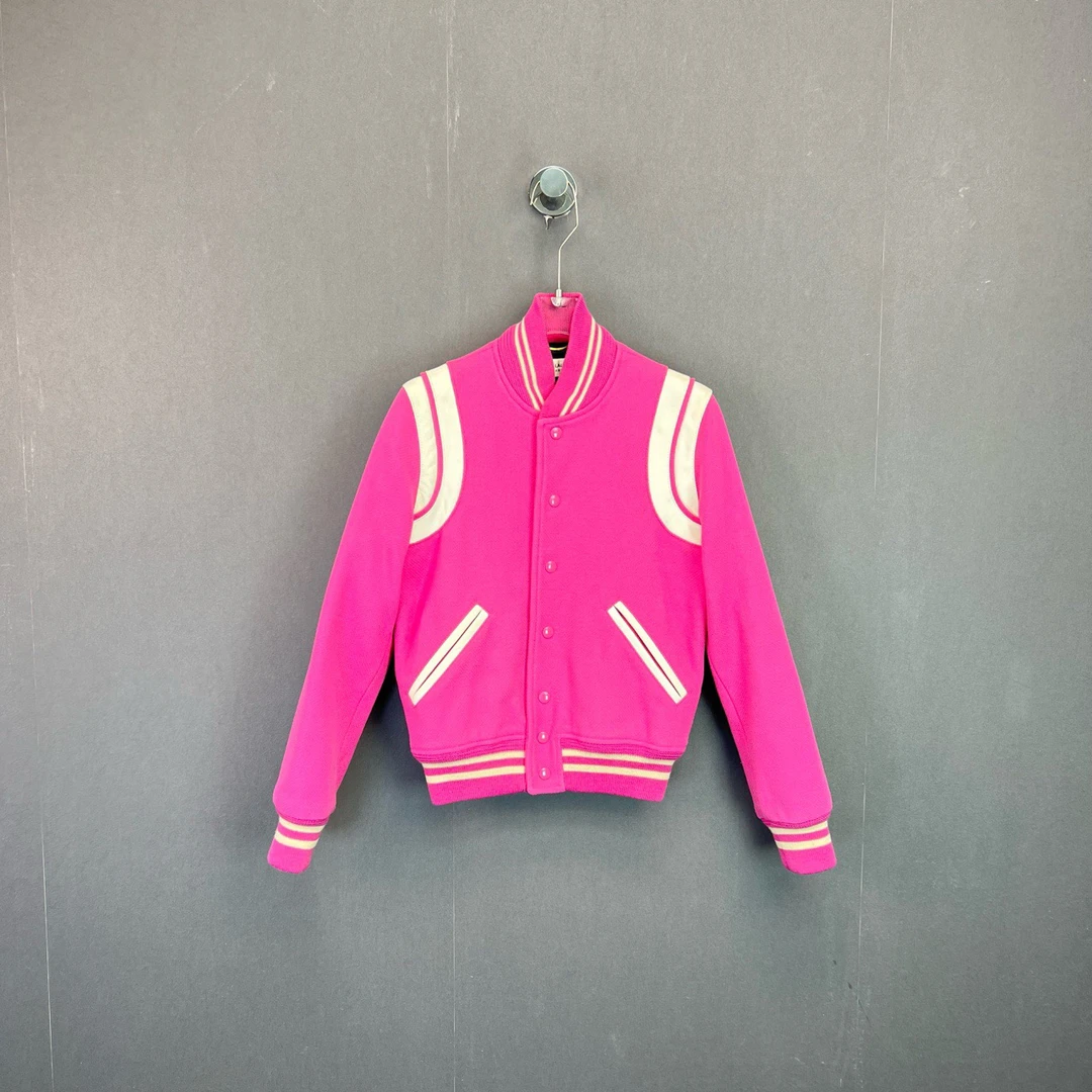 99新 YSL/圣罗兰 F36码/樱花粉色加厚绒面条纹棒球服/11099788