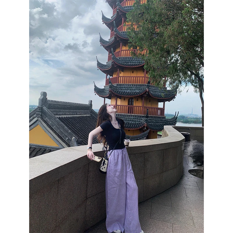 2025新款夏季韩系穿搭慵懒风显瘦百搭露背短袖上衣阔腿裤两件套女