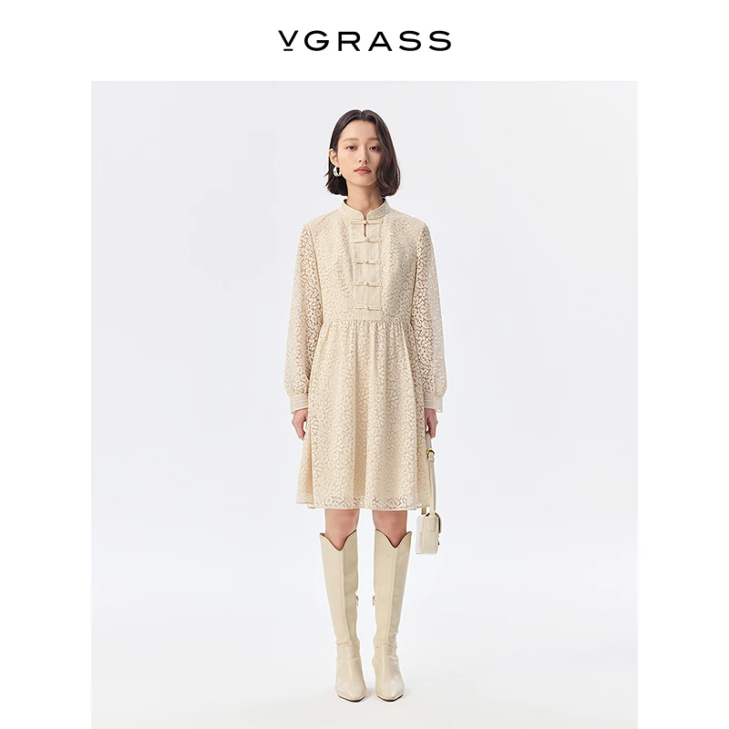 【晨粉专享价】VGRASS欧若新中式25春新款立领盘扣连衣裙VSL2Q1543D