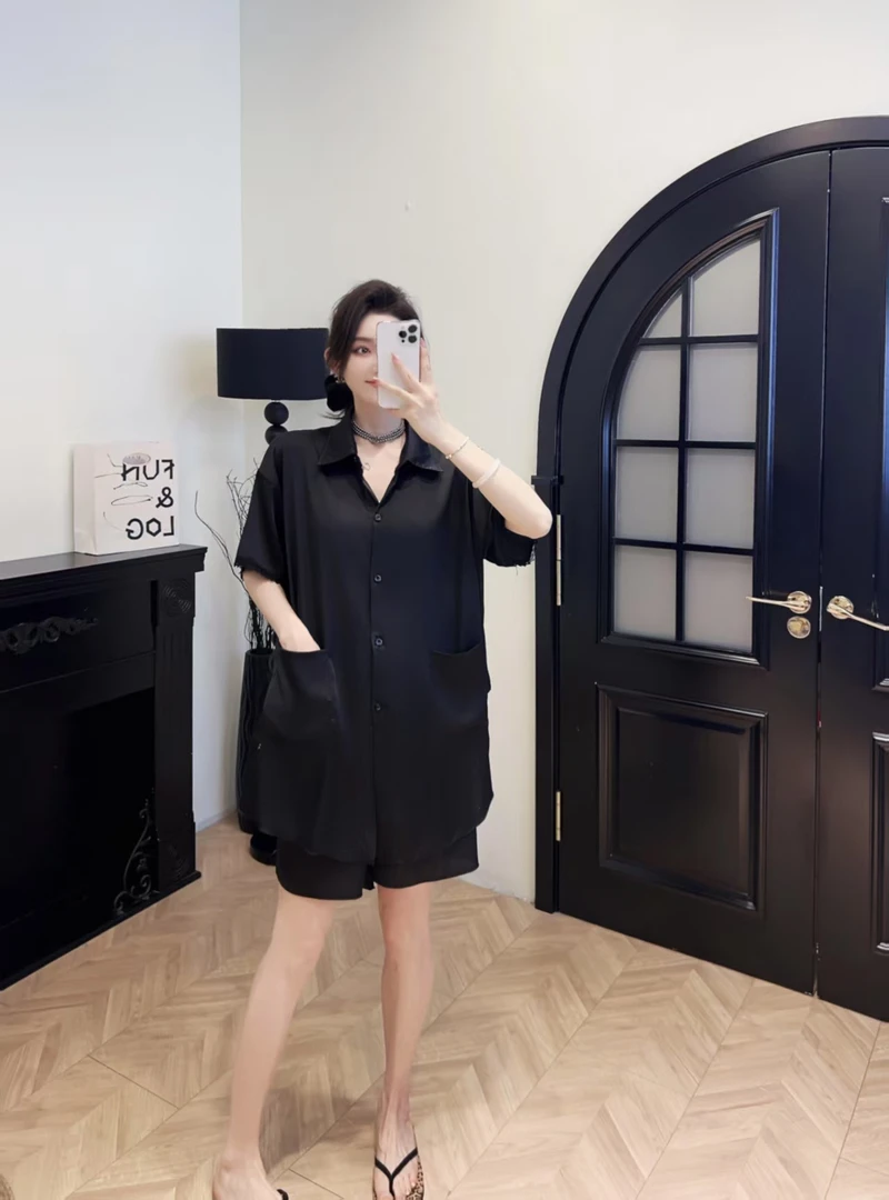 短袖翻领衬衫短款休闲夏季上衣长款简约黑色韩版薄款
