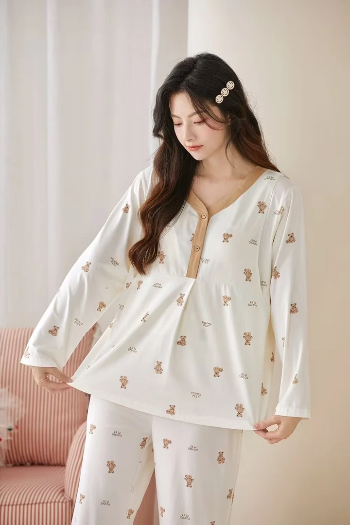 春秋季孕妇产妇哺乳月子服卡通可爱家居服甜美风长裤带胸垫可哺乳