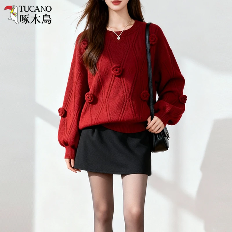 TUCANO/啄木鳥新年跨年红色毛衣女氛围感立体花朵针织衫秋冬上衣