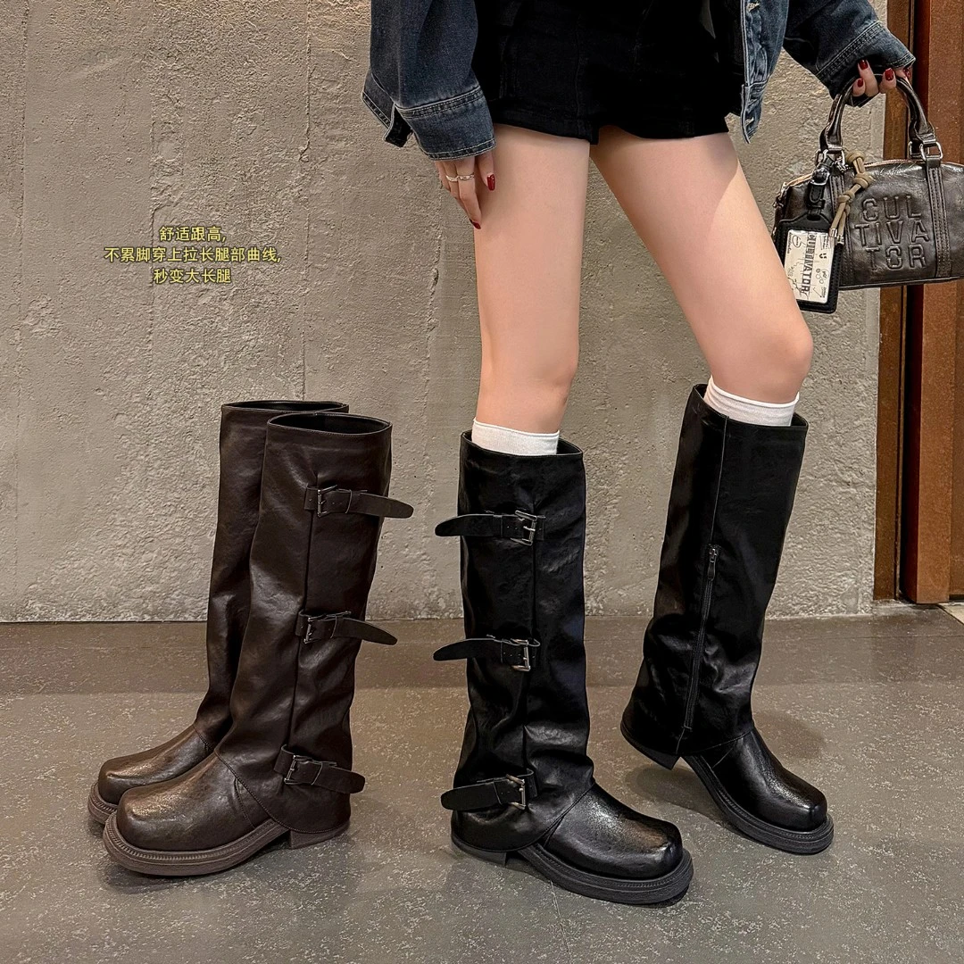 棕色长靴女大码秋冬加宽高筒骑士靴子胖mm长筒靴大筒围粗腿堆堆靴