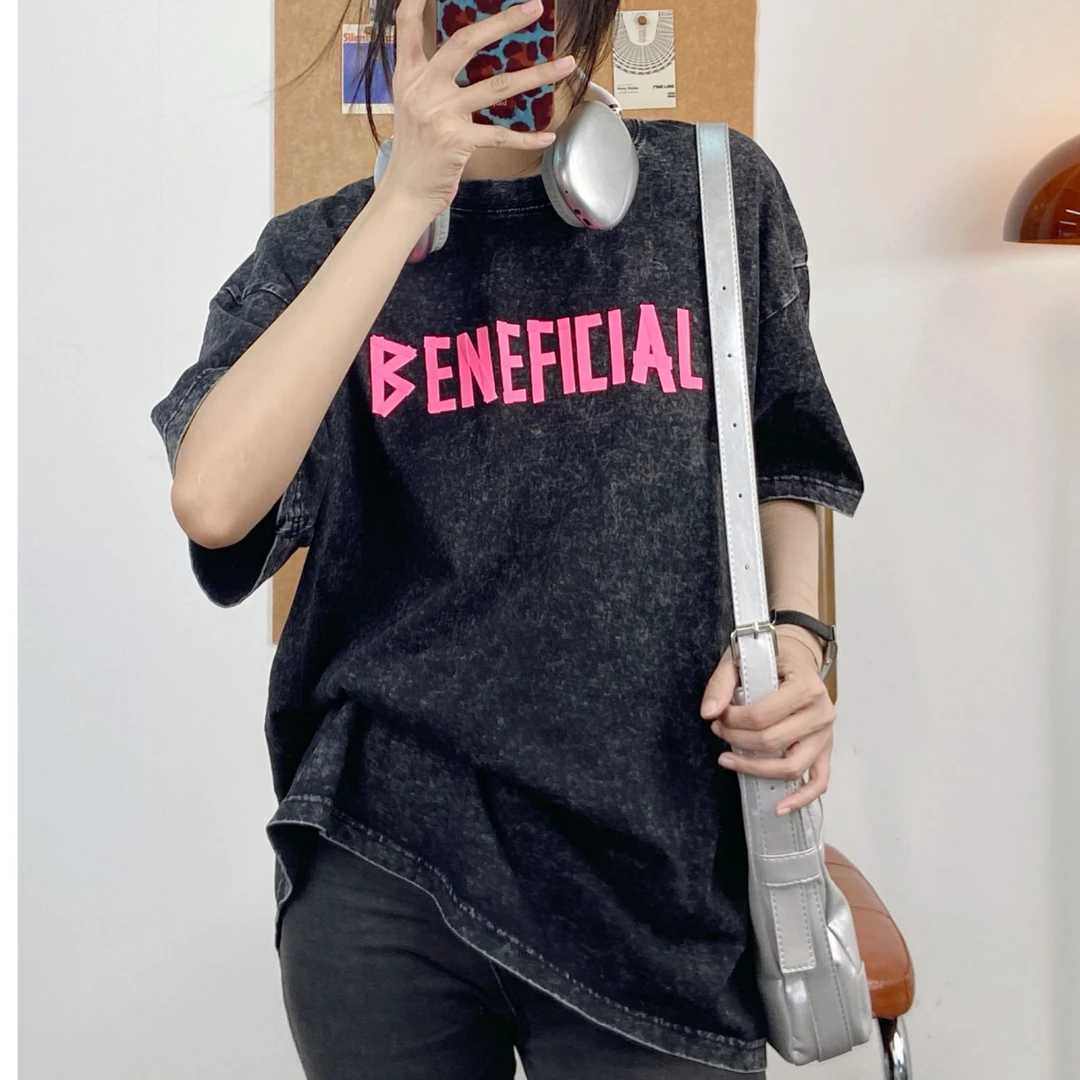 宽松免烫印花上衣半袖夏季模糊印花美式T恤t恤情侣百搭短袖