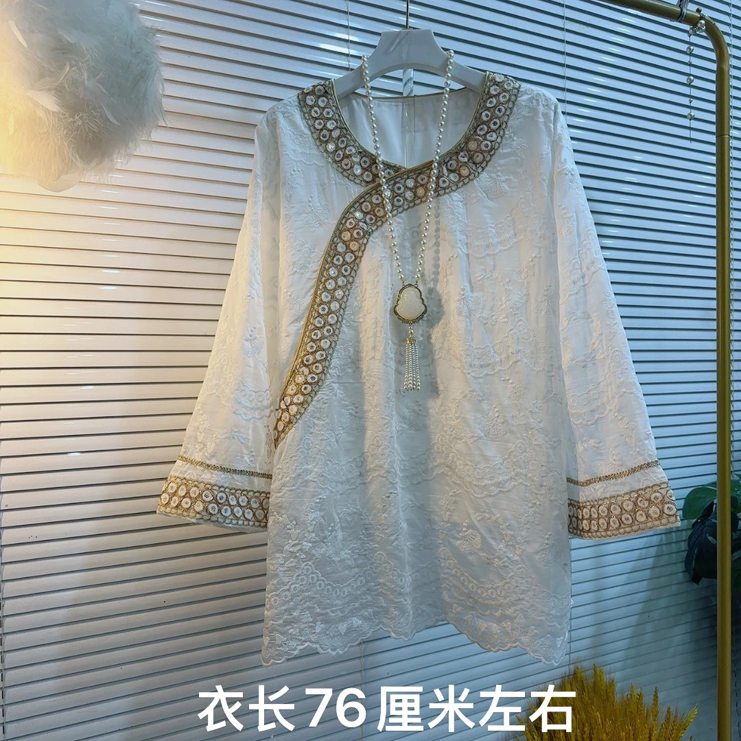 新中式长袖刺绣蕾丝宽松遮肚中长款女装衬衫春秋上衣