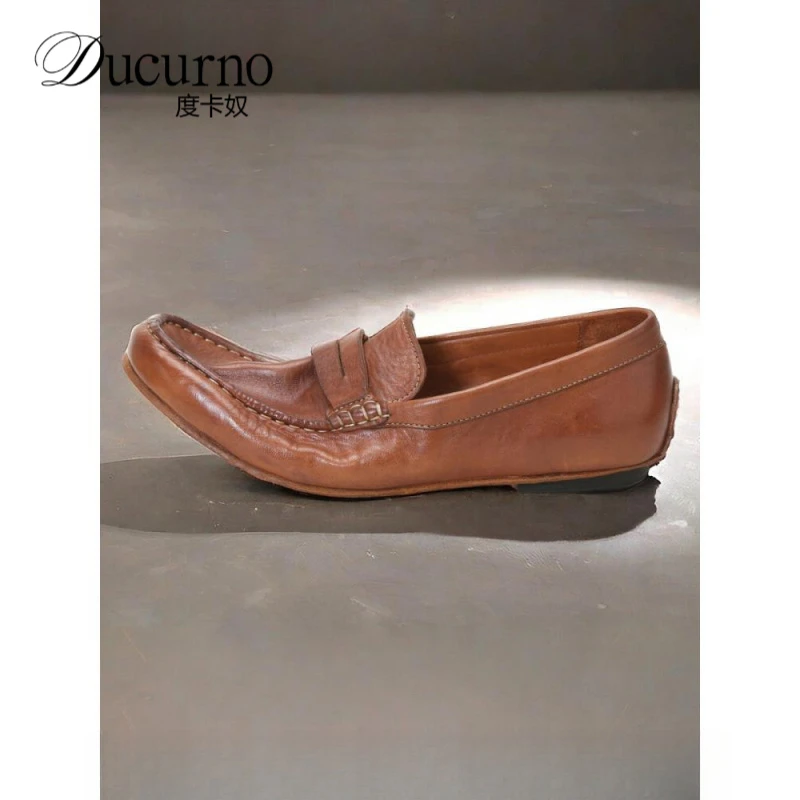 夏季英伦复古马皮水洗植鞣软底手工豆豆鞋高端一脚蹬男士豆豆鞋