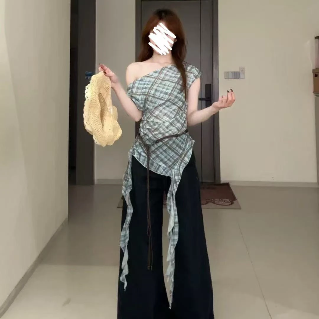 怡尔家显瘦百搭气质常规款夏季格子上衣