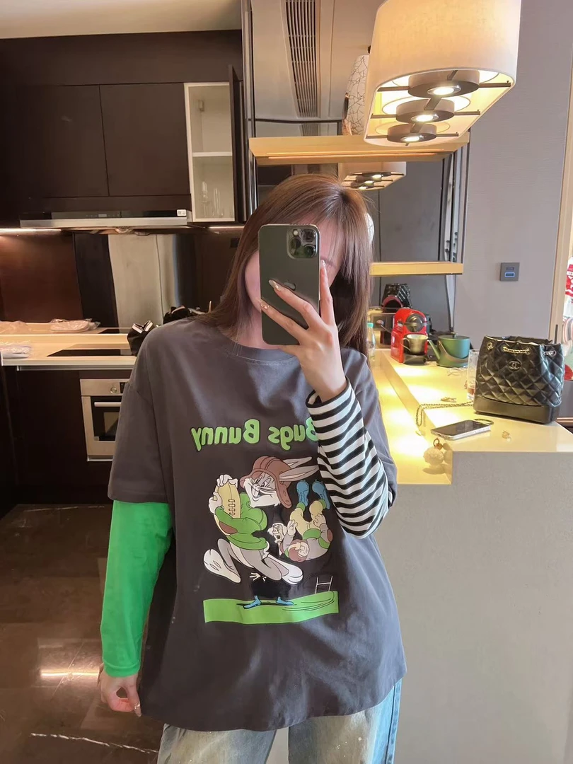 xxxwxz王希之  卡通兔子印花假两件宽松长袖T恤上衣#Z564