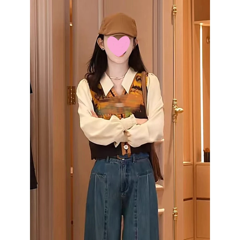 多娜同款女装小众设计感向日葵假两件上衣女2025秋季拼接马甲衬衫