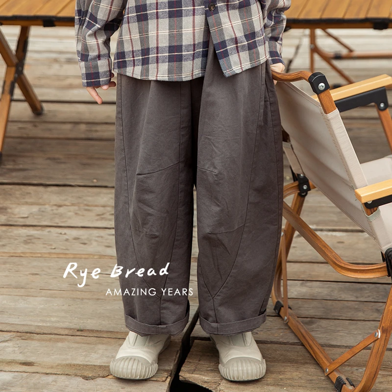 黑面包童装 复古线条男中大童直筒宽松舒适休闲裤W4春秋牛牛