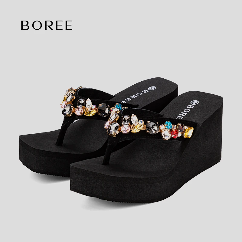 夏季新款水钻厚底高跟外穿女士防滑人字拖时尚沙滩凉拖