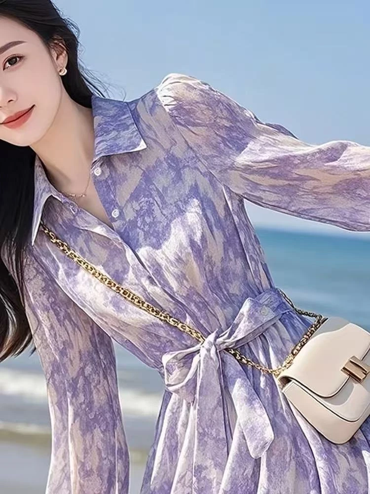 专柜同款洋气2025收腰中长款连衣裙法式单排多扣印花泡泡袖碎花