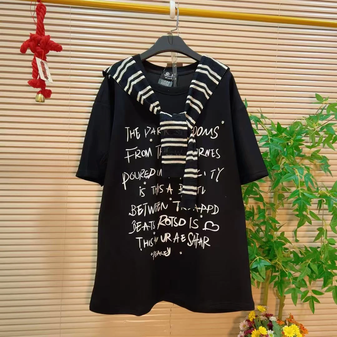 字母印花T恤+披肩俩件套胖YY2025夏季新款韩系休闲百搭减龄上衣