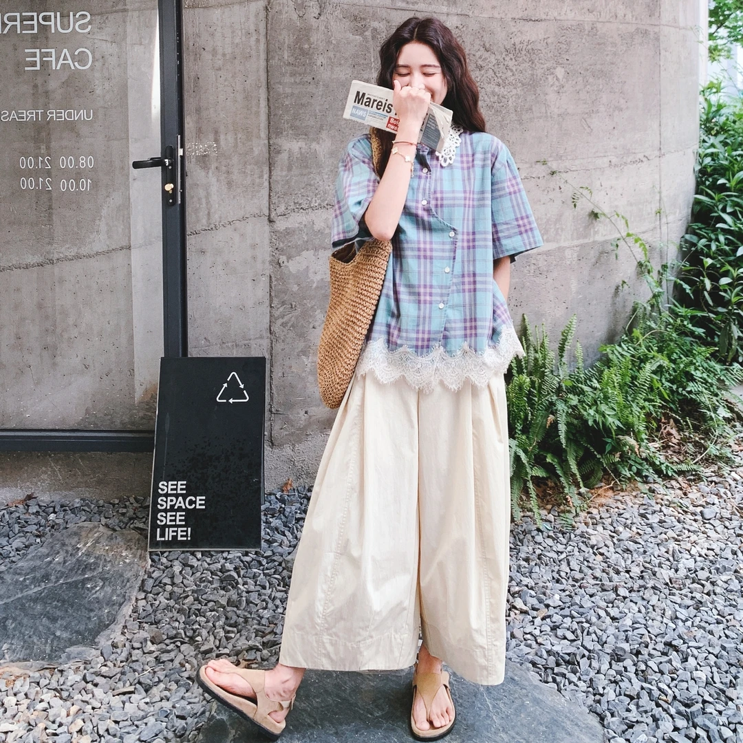 蕾丝拼接格子翻领短袖衬衫阔腿裤两件套女夏季设计感宽松气质套装