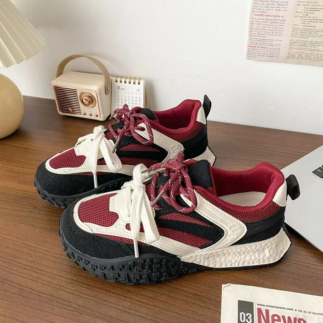 A9861 黑红 厚底运动鞋女chic小众显脚小爆款原创休闲华夫老爹鞋