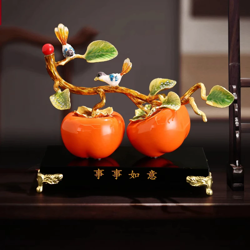 酒柜摆件珐琅彩事事如意柿子摆件新中式电视柜装饰品乔迁开业礼物