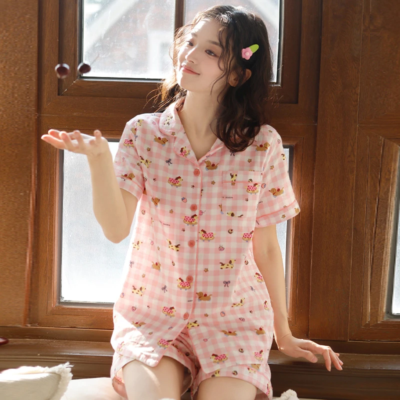 可爱卡通短袖夏季女士睡衣纯棉纱布甜美学生大码短裤家居服可外穿