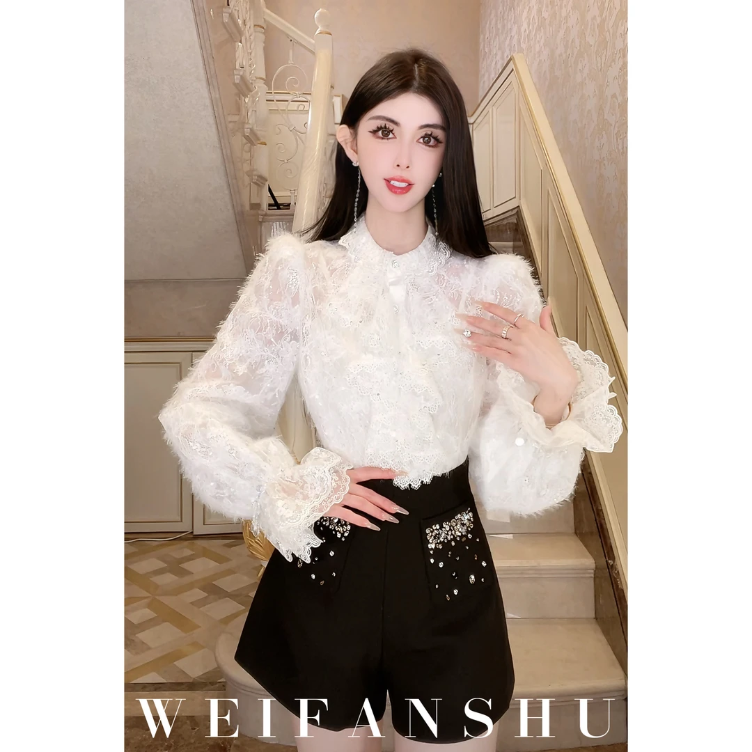 WEIFANSHU/魏凡舒【山茶漫记】早春新款时尚别致蕾丝衬衫白色打底衫