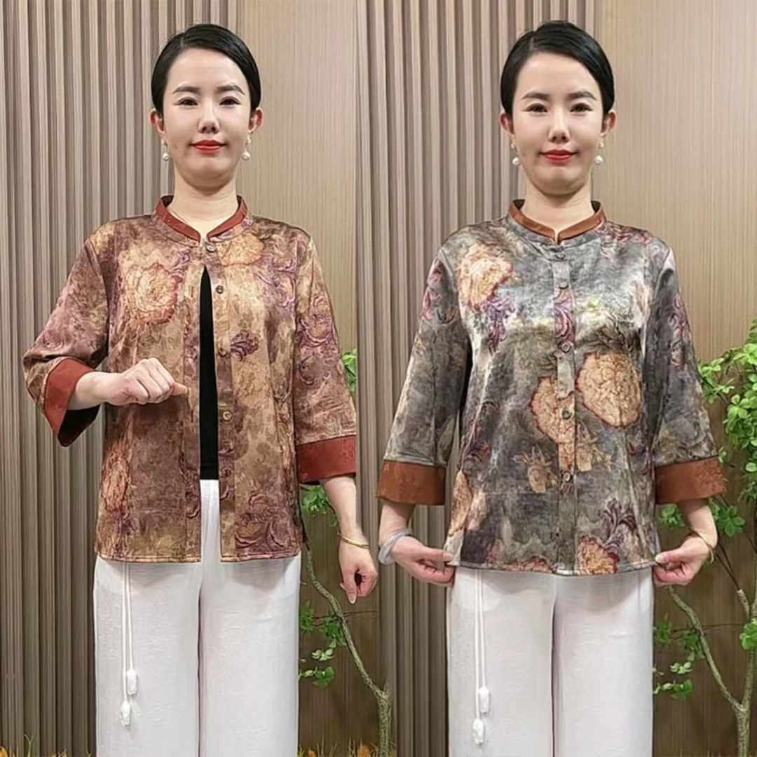 妈妈春夏装新中式立领小衫2025新款中老年女装夏装国风七分袖衬衫