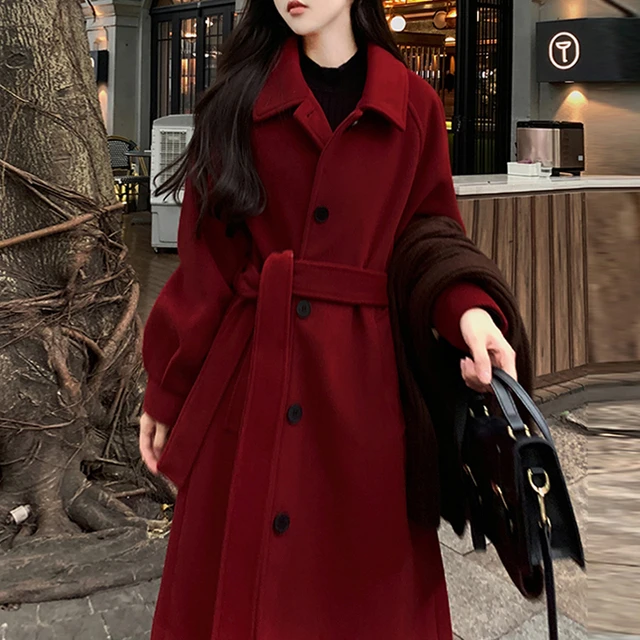 酒红色羊绒质感复古毛呢外套女大码胖MM200斤新年婚礼加厚呢大衣