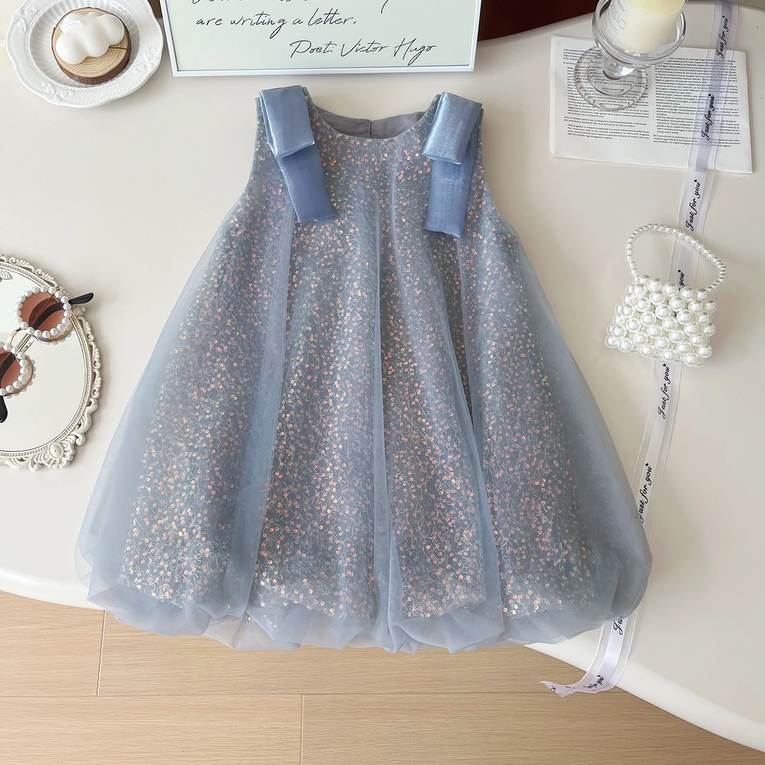 【蓝星雾】夏季新款韩版时尚女童无袖网纱亮片公主连衣裙S24302