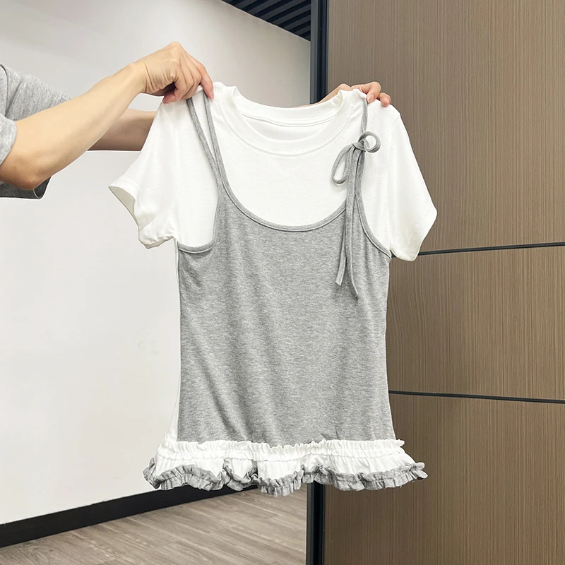 韩版下摆拼接拼接撞色圆领假两件短袖T恤2025女春夏新款修身上衣