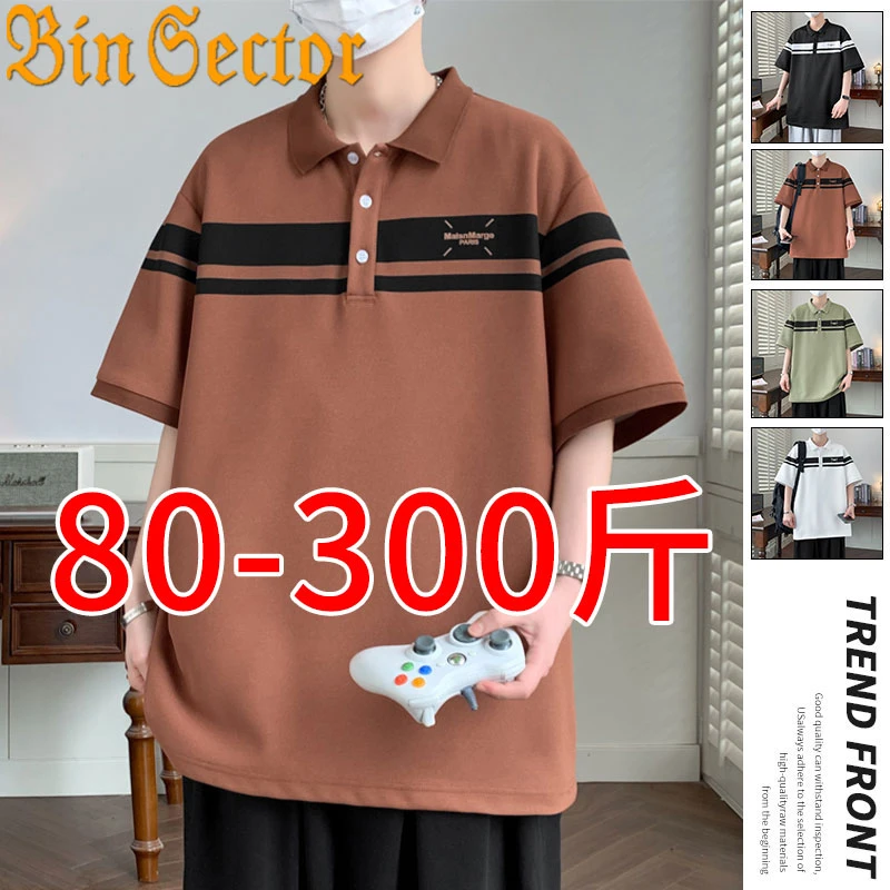 夏季薄款POLO衫男休闲T恤条纹潮流短袖翻领男士加肥加大胖子体恤