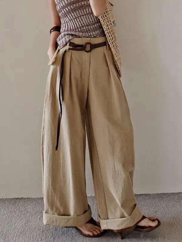 老钱风卡其色阔腿裤女夏薄款2025新款高腰宽松垂坠感慵懒风休闲裤