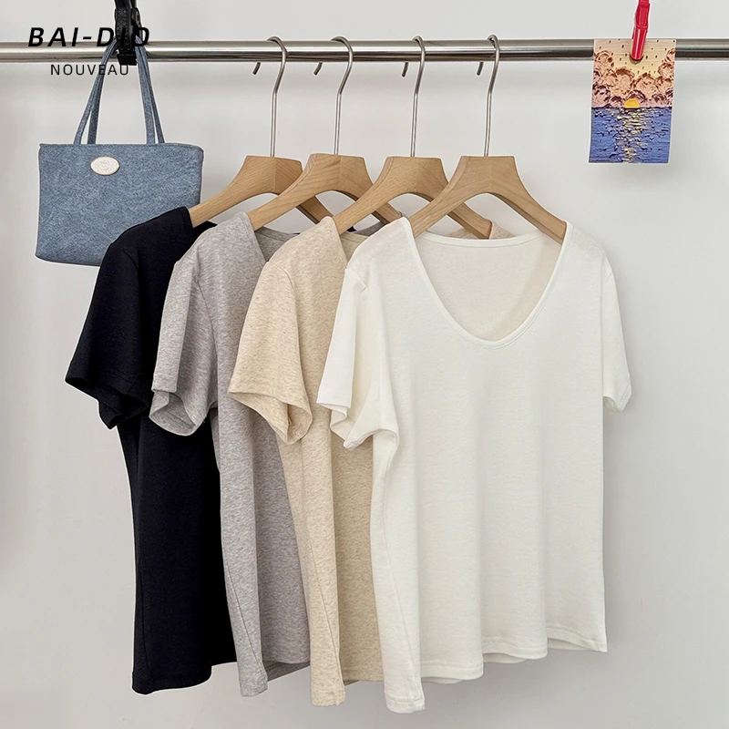 【夏季清仓-不退不换】针织鹅蛋领短袖修身半袖时尚宽松T恤纯色百搭