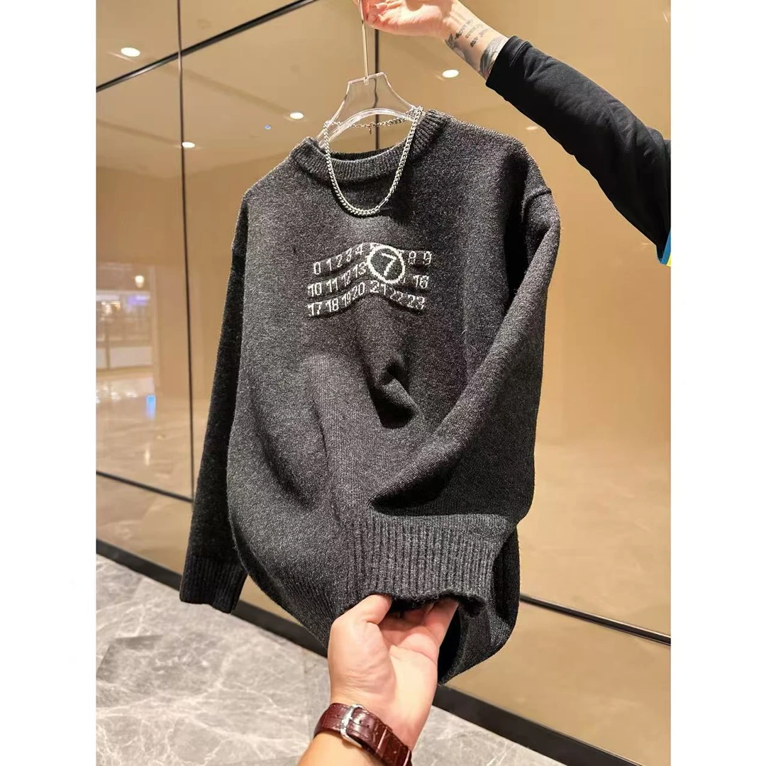 冬季时尚纯色百搭潮流个性数字小众休闲针织衫圆领套头男款毛衣