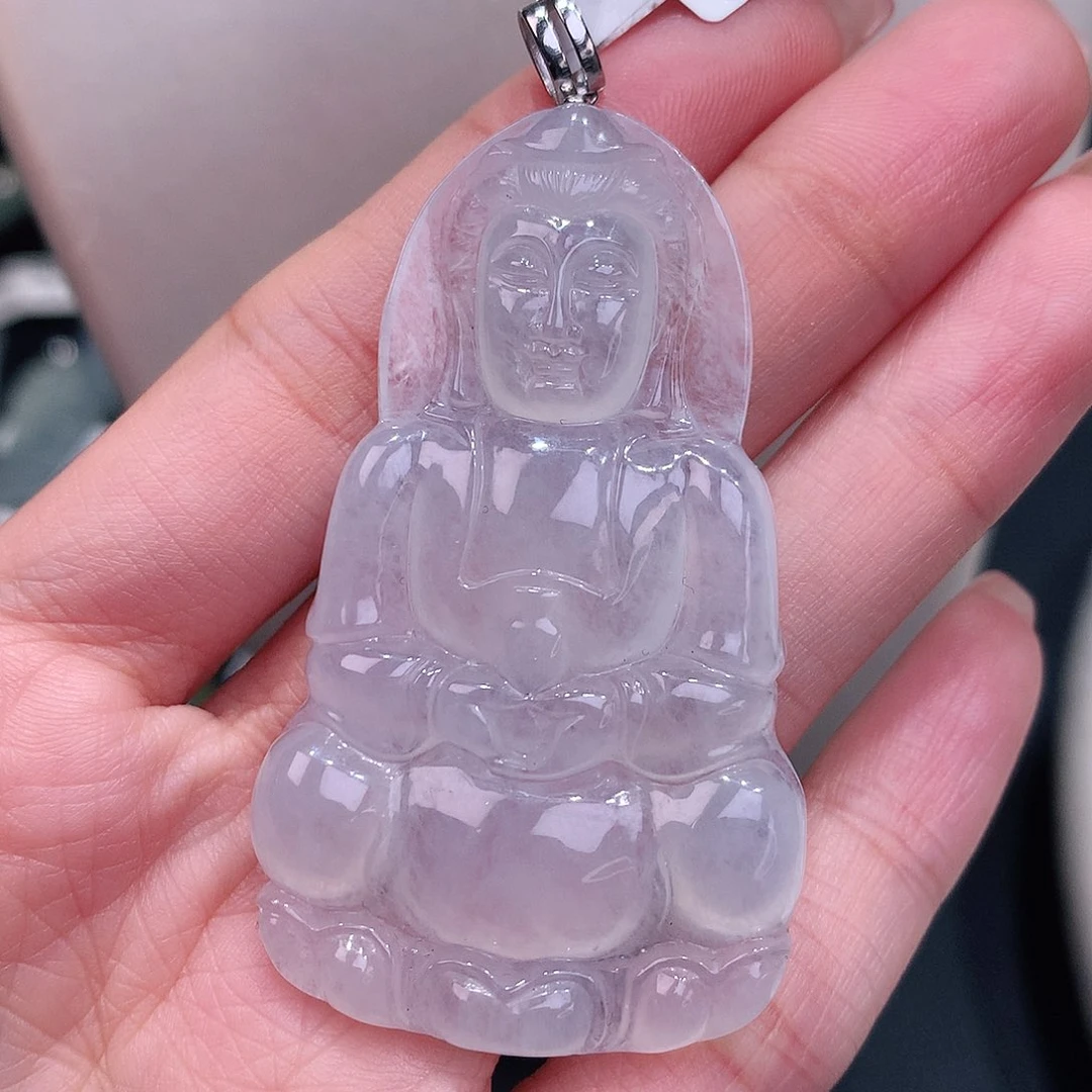 颈饰18K金镶嵌翡翠白冰正装观音