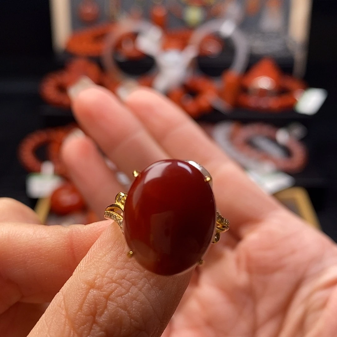 南红玛瑙银S925镶嵌四川凉山牛血红戒指