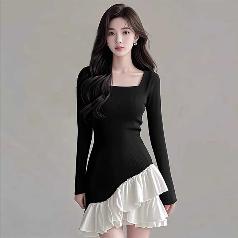 黑色拼接连衣裙女春季2025新款富家千金小个子小香风收腰D0712