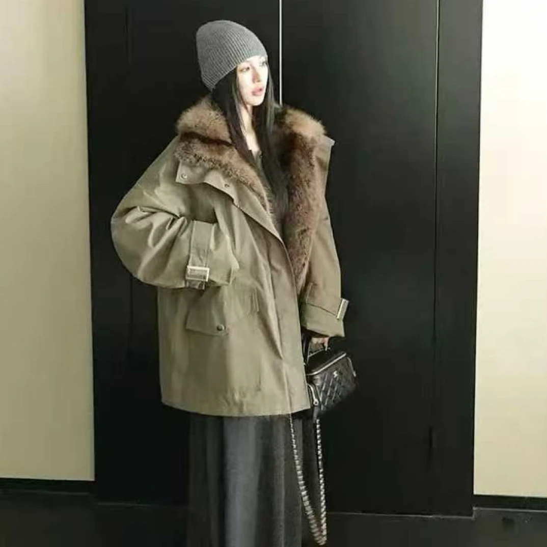 加绒加厚宽松型水洗冬圆领收口袖派克服韩版中长款冬季