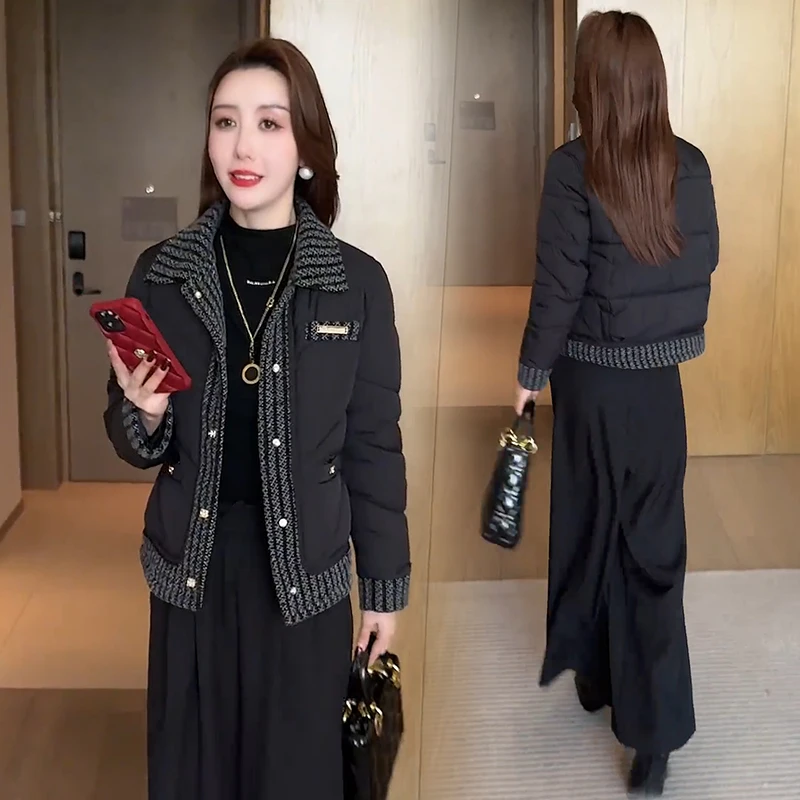 小香风加厚短款棉服女2025冬季新款时尚设计感拼接休闲保暖棉衣潮