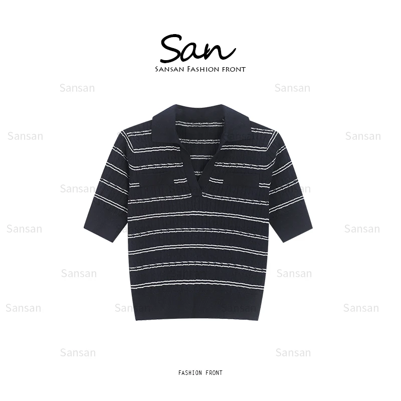 【SANSAN】细条纹气质V领polo针织衫DY-50155