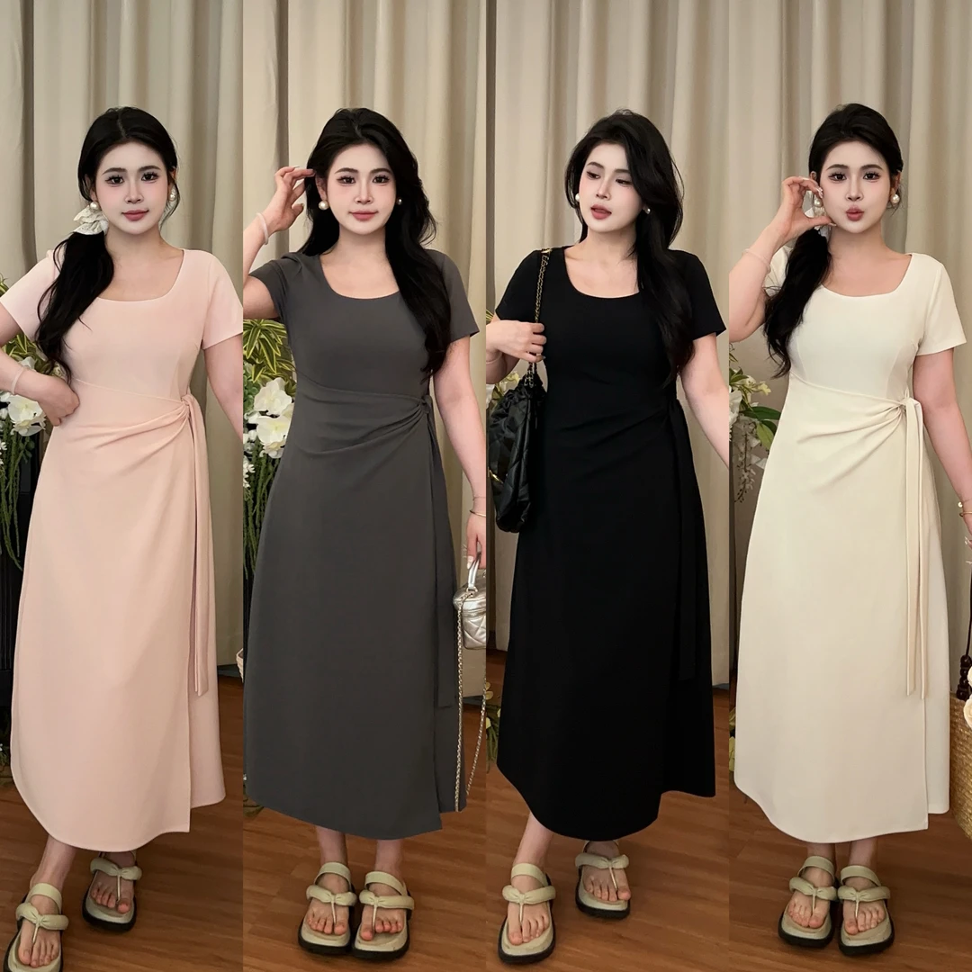 【嘎嘎】欧若风大码胖mm春季新款绑带设计收腰气质短袖连衣裙02313D