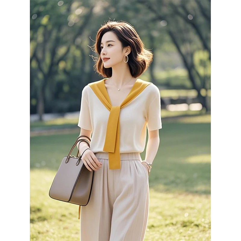 轻熟气质洋气黄色短袖上衣2025年女装夏通勤新款高级感设计感系带