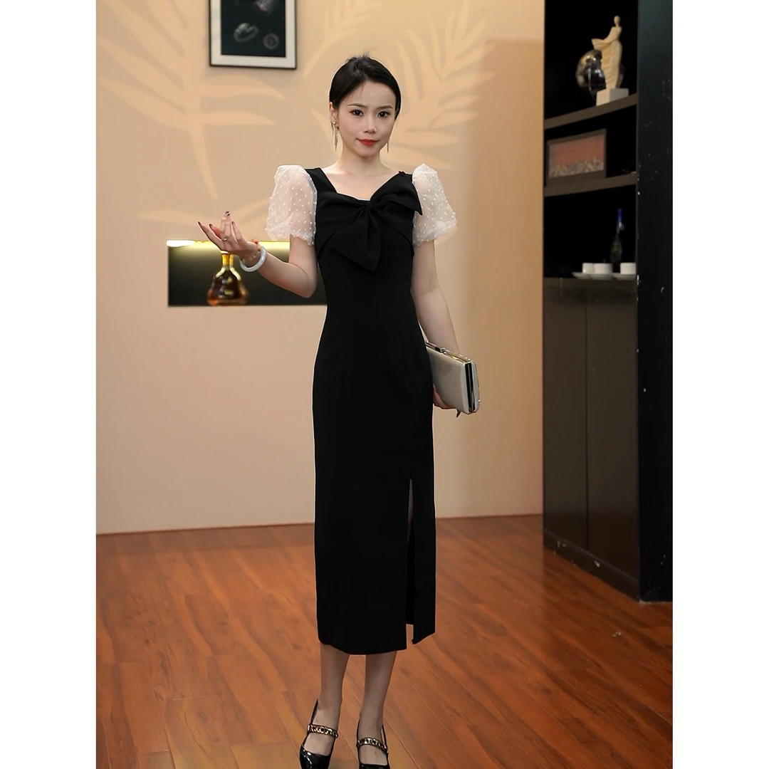 3322赫本风法式性感网纱泡泡袖不规则小黑裙高腰修身显瘦包臀